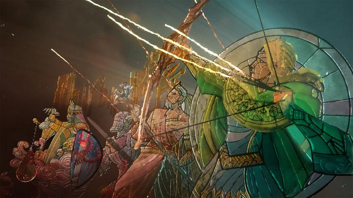 A animated stained glass window of soldiers throughout different eras